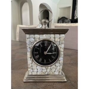 Vtg 9"‎ Mantel Clock Mother of Pearl Battery Operated Silver Metal